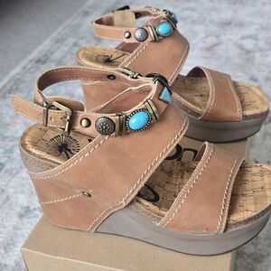 OTBT Tan Wedges with Turquoise Embellishments